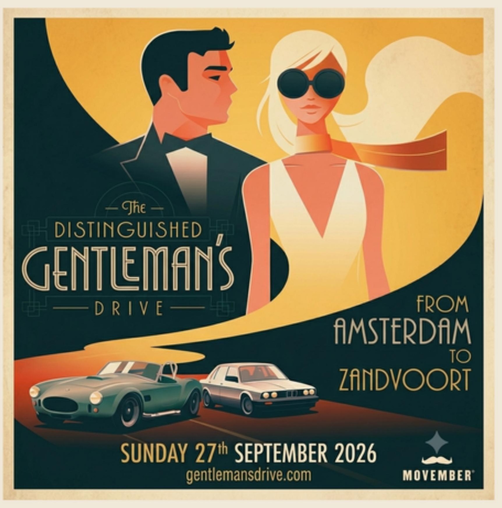 Event artwork for The Distinguished Gentleman's Drive Amsterdam 2026, from Amsterdam to Zandvoort on Sunday 27 September 2026.
