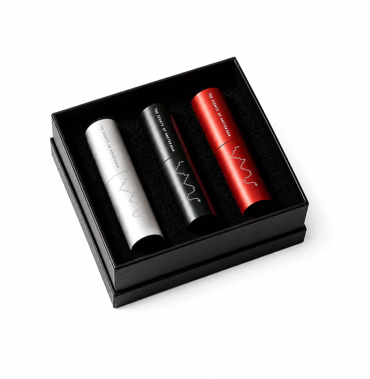 Amsterdam XXX presentation box with three 8 ml travel sprays — silver, black and red