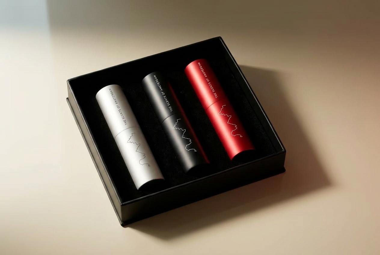 Amsterdam XXX presentation box with three 8 ml travel sprays — silver, black and red