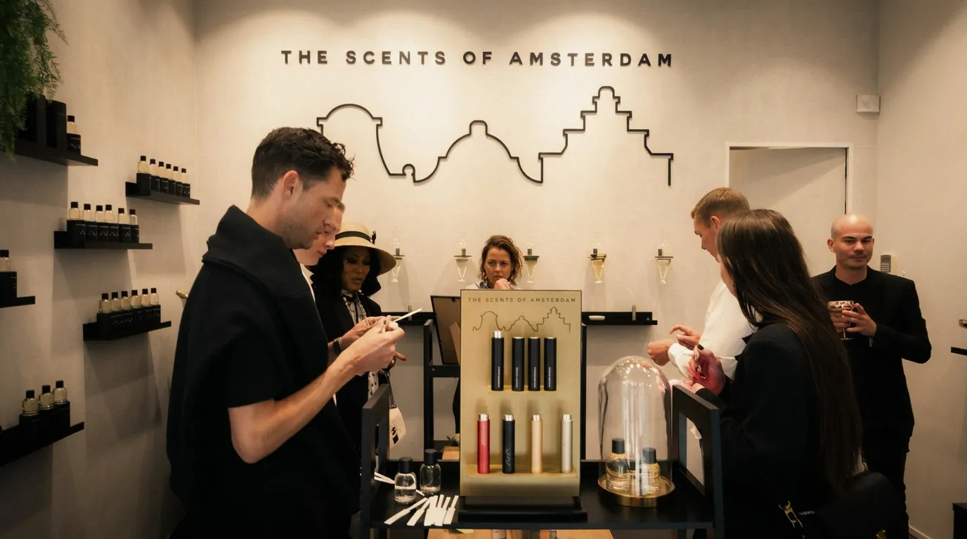 Visitors discovering fragrances inside the Amsterdam Atelier, with the wall sculpture and the tasting table