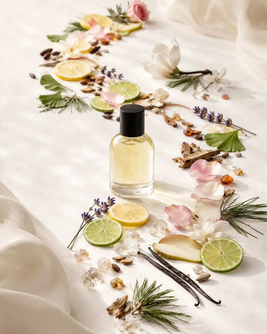 Scents of Amsterdam fragrance bottle surrounded by botanical notes, symbolising the Find Your Amsterdam scent discovery.